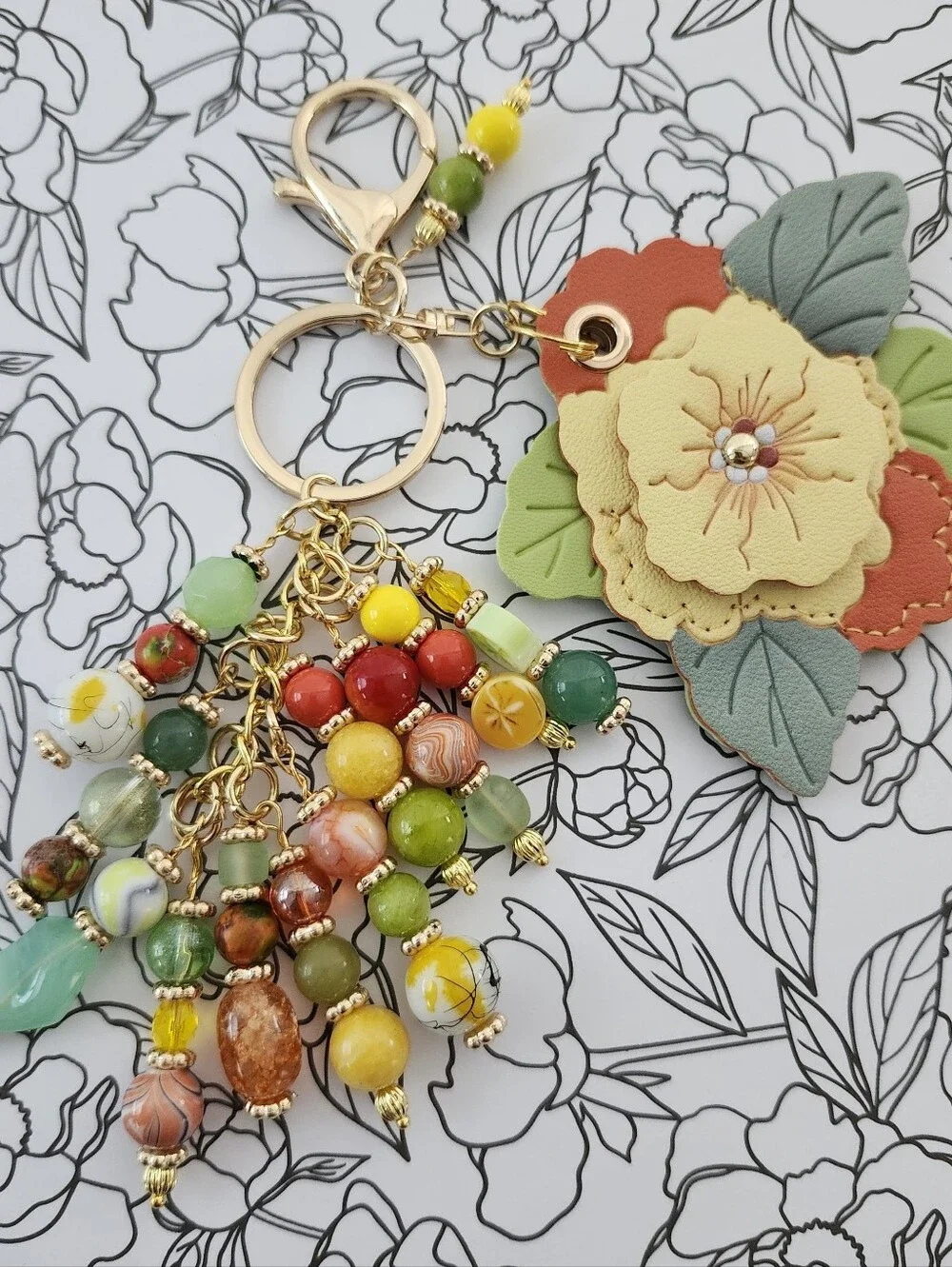 Floral Purse Charm or Luggage Tracker Fire Agate Jade Aventurine Handcrafted